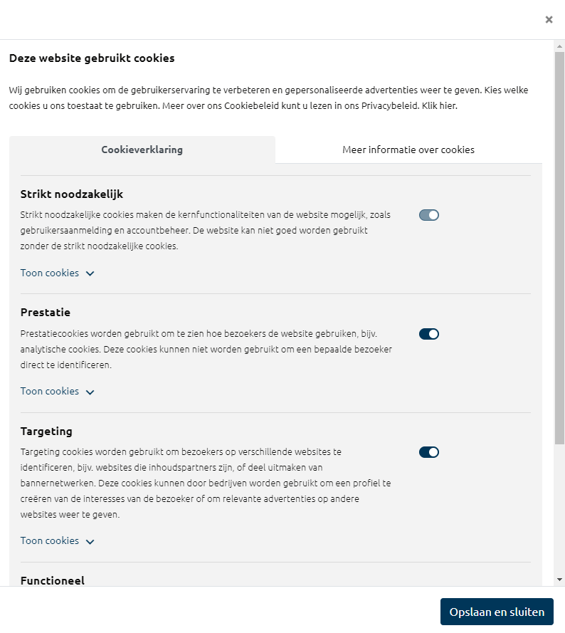 Geavanceerde inhoud van cookiebar die verschijnt op Bimpel websites